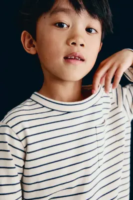 T-shirt à manches longues en coton - Beige clair/rayé — photo 1