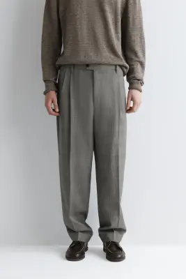 PANTALON FUSEAU DÉCONTRACTÉ EN LAINE TEXTURÉE - BEIGE / CARREAUX — photo 2