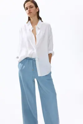 Wide paper bag trousers - Bleu denim clair — photo 2