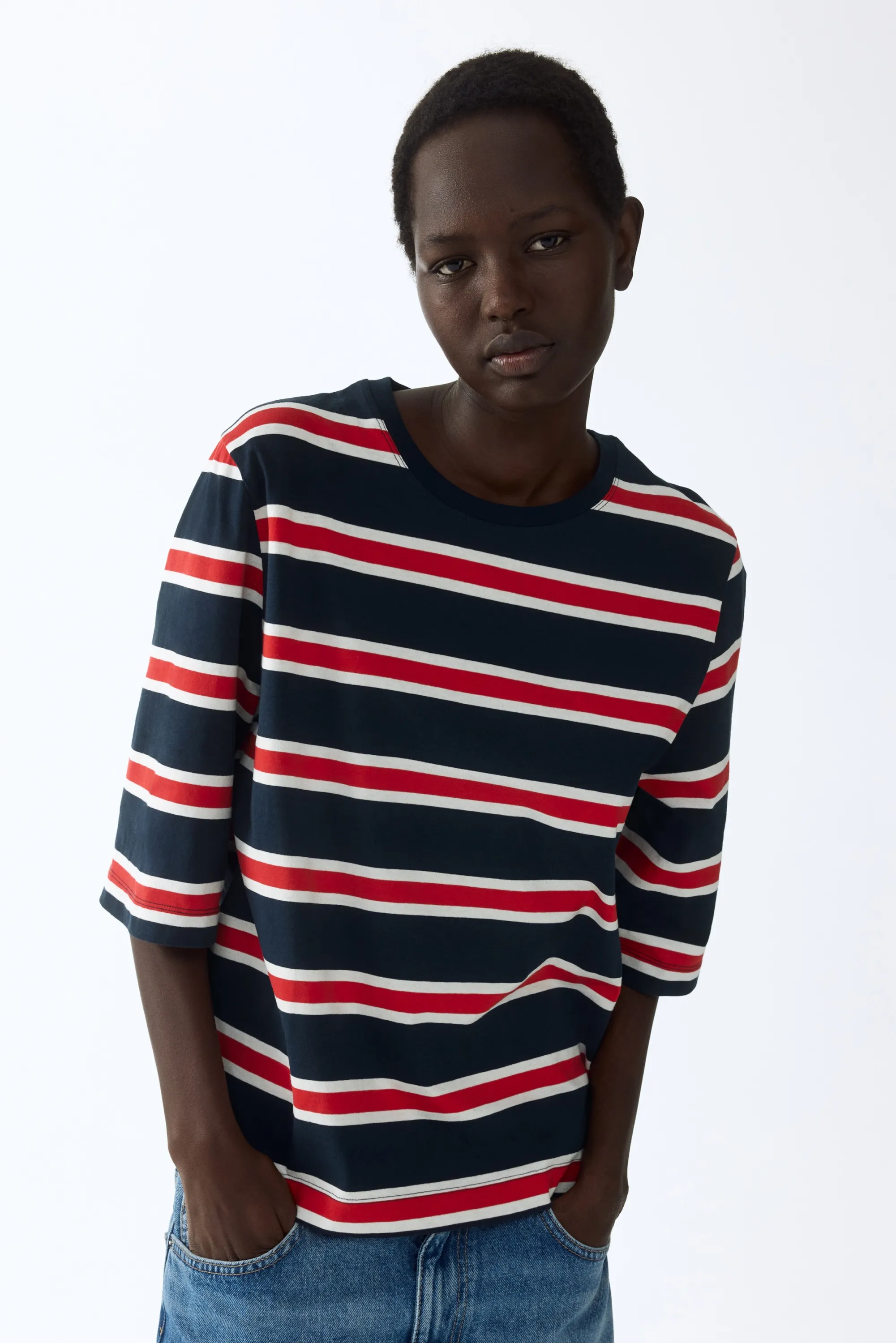 T-shirt loose en coton - Bleu marine/rayé