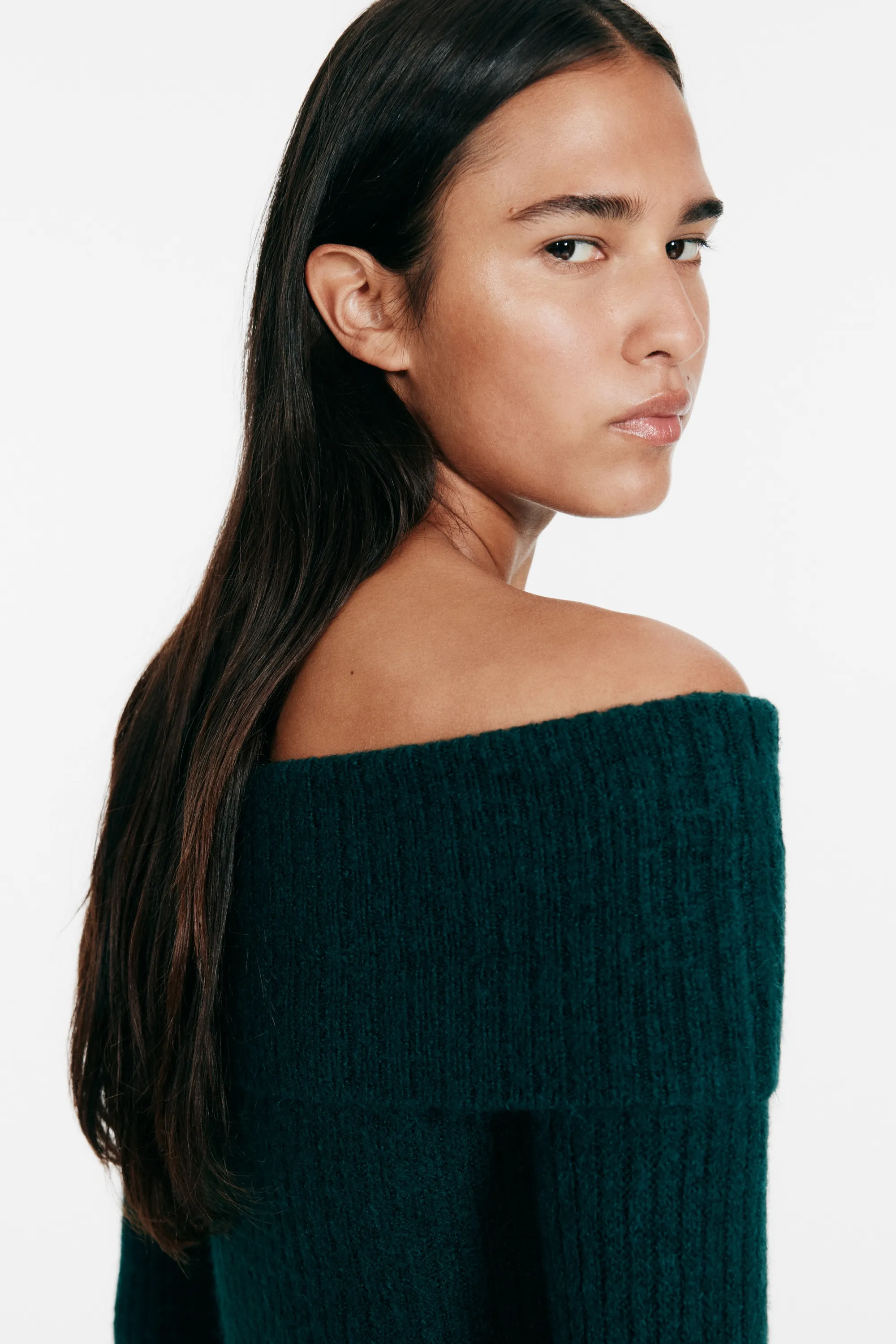 Robe épaules nues en maille côtelée - Vert foncé