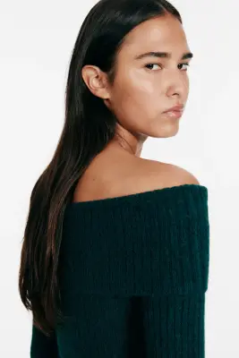 Robe épaules nues en maille côtelée - Vert foncé — photo 1