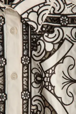Veste avec broderie anglaise - Beige clair/marron foncé — photo 4