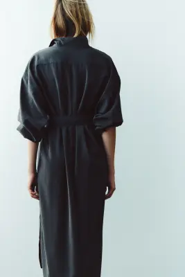 Robe à manches longues avec ceinture à nouer - Gris foncé — photo 3