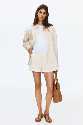 MAMA Short à cordon en maille pointelle - Beige clair — photo 1