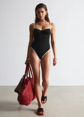 Maillot de bain côtelé aux bordures contrastées - Noir/Blanc — photo 4