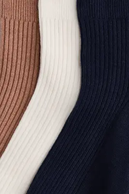 Lot de 3 paires de socquettes en maille côtelée - Bleu marine/beige foncé/crème — photo 1