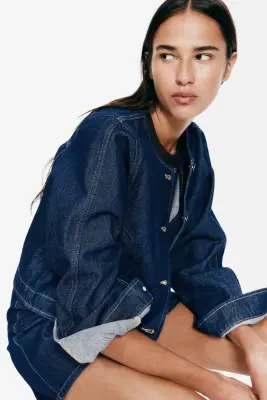 Veste sans col en denim - Bleu denim foncé — photo 1