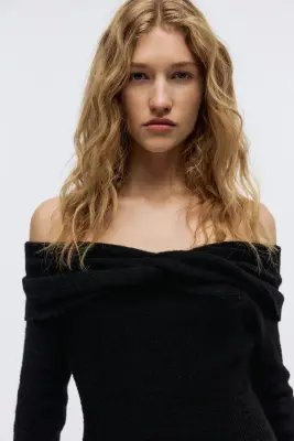 Robe épaules nues en maille fine - Noir — photo 2