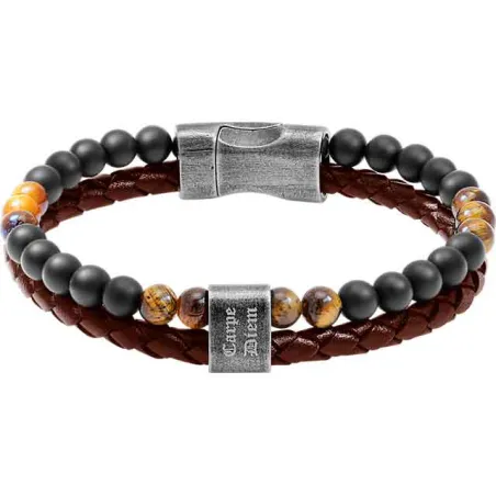 ROCHET - Bracelet Karma cuir tressé marron / oeil de tigre / agates noires 22cm HB562203