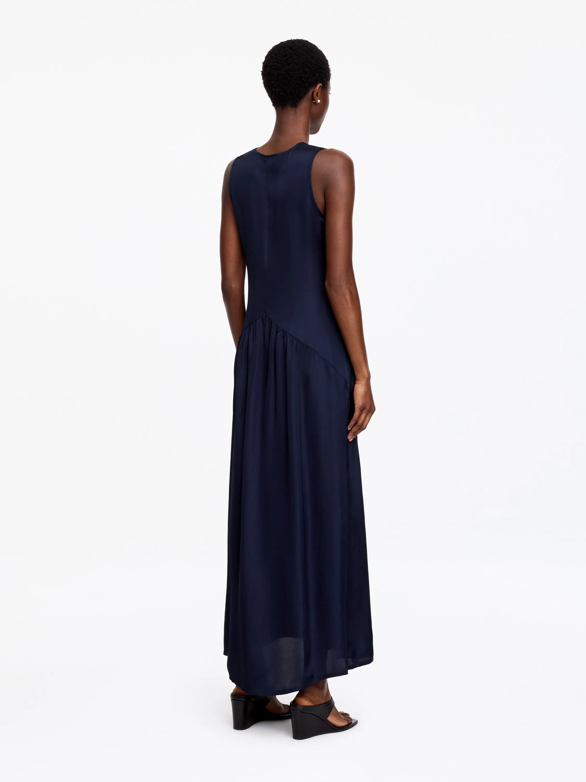 Robe longue avec empiècements en organza - Bleu foncé