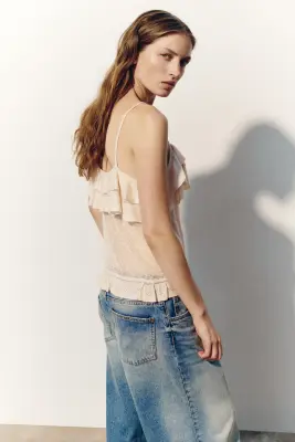 Top volanté en maille pointelle - Beige clair — photo 1