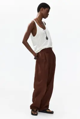 Pantalon barrel en lin mélangé - Marron — photo 2