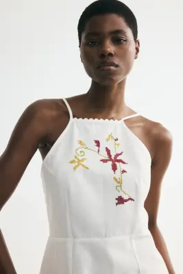 Robe brodée en lin mélangé - Crème/fleurs — photo 2