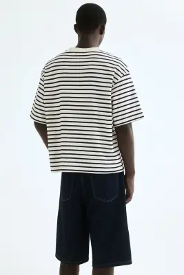 T-shirt en coton interlock Relaxed Fit - Crème/rayures noires — photo 3