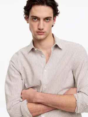 Chemise en coton mélangé - Marron/Blanc — photo 3