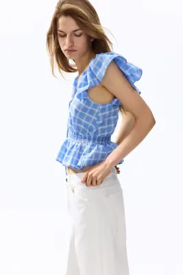 Blouse à manches volantées avec basque - Bleu/carreaux — photo 3
