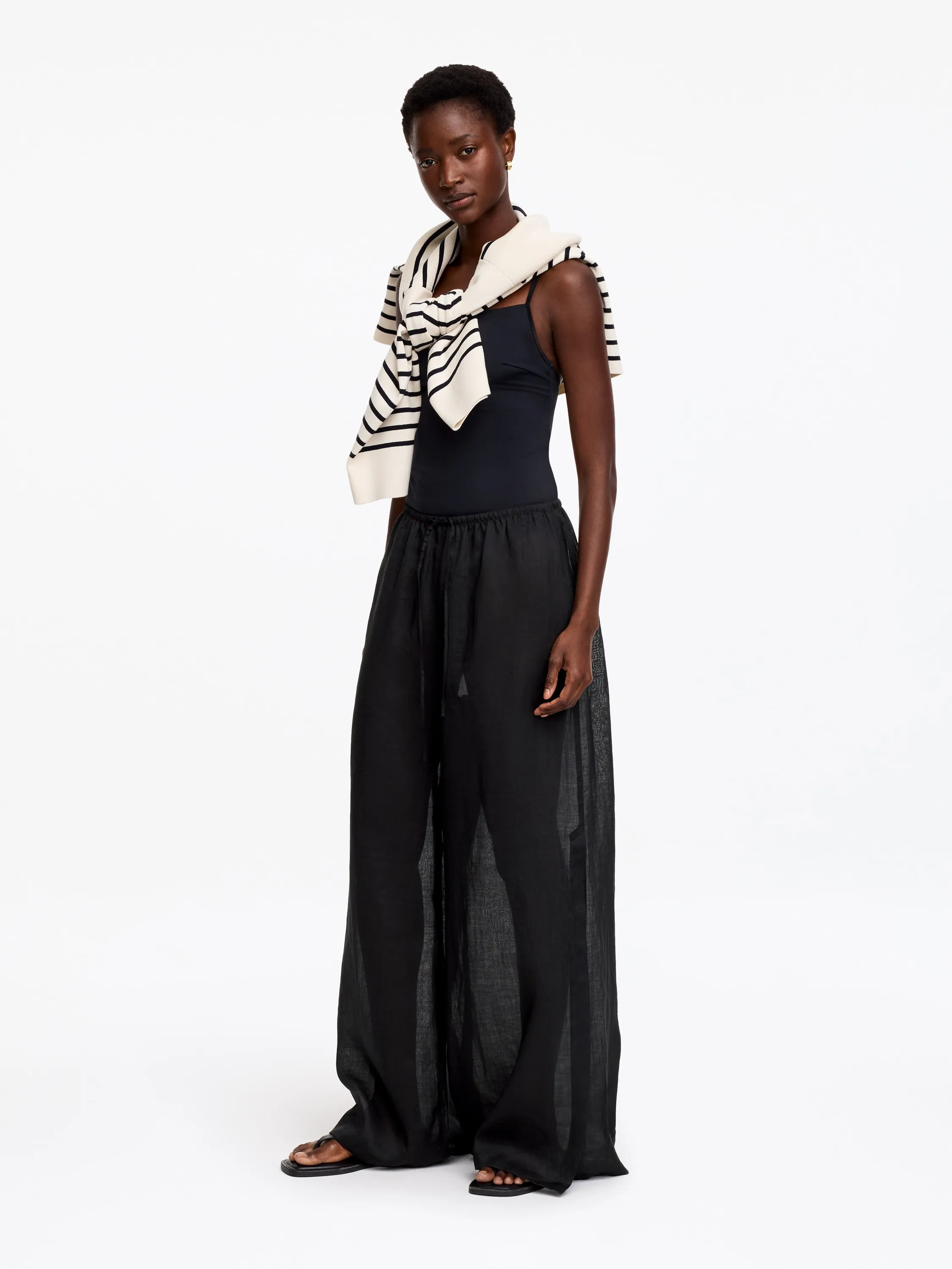 Pantalon en ramie avec cordon de serrage - Noir