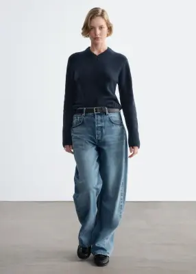 Pull à col en V côtelé - Bleu foncé — photo 2