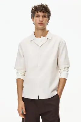 Chemise Relaxed Fit en lin mélangé avec col cubain - Beige clair — photo 2