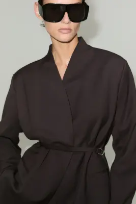 Blazer oversize avec ceinture - Marron foncé — photo 3