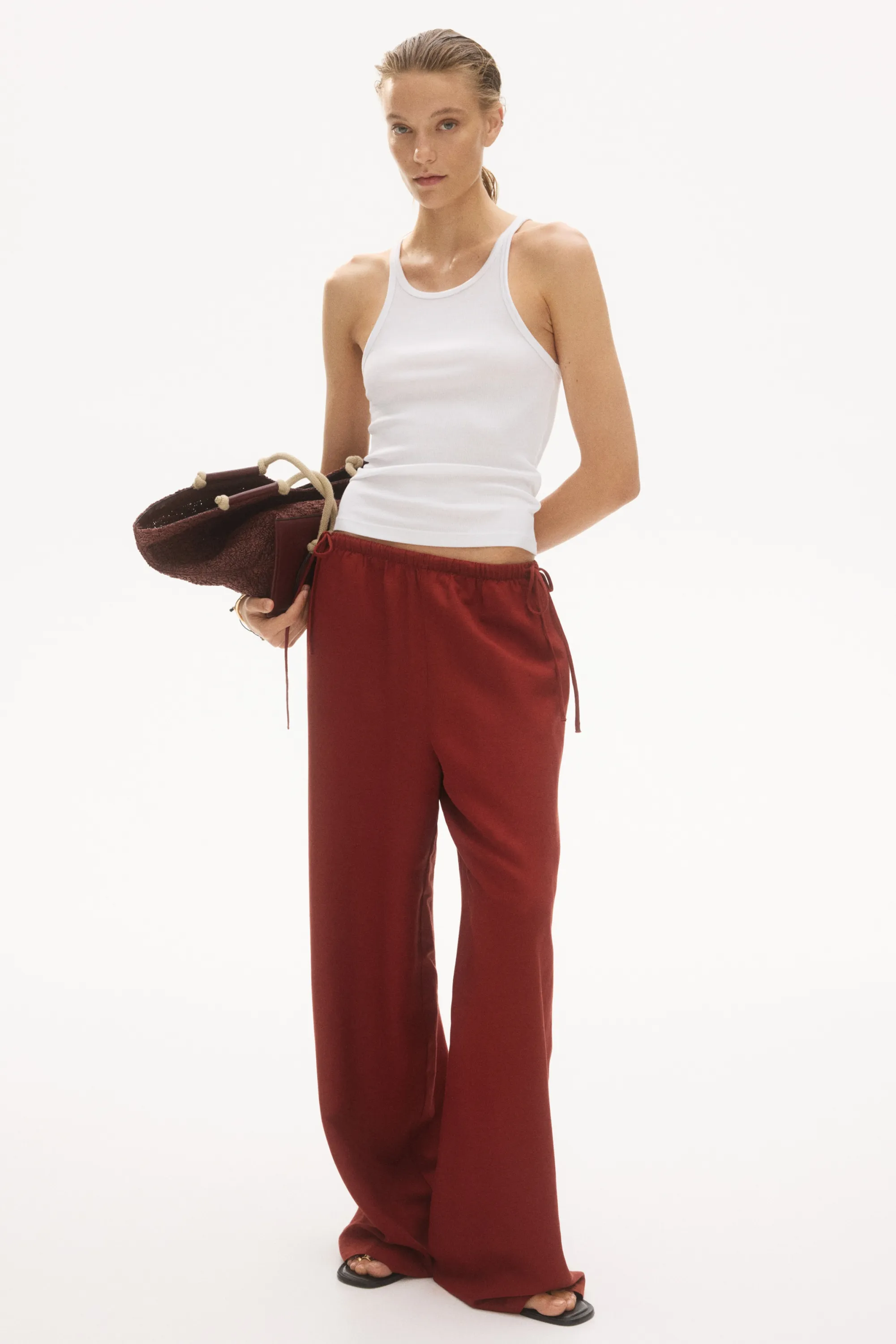 Pantalon à cordon en lin mélangé - Rouge foncé