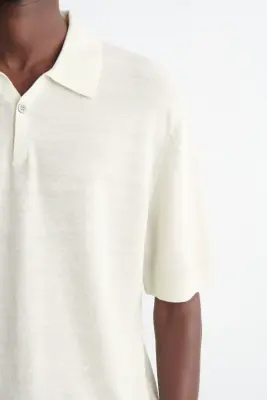 POLO EN MAILLE DE LIN TEXTURÉE - CRÈME — photo 1