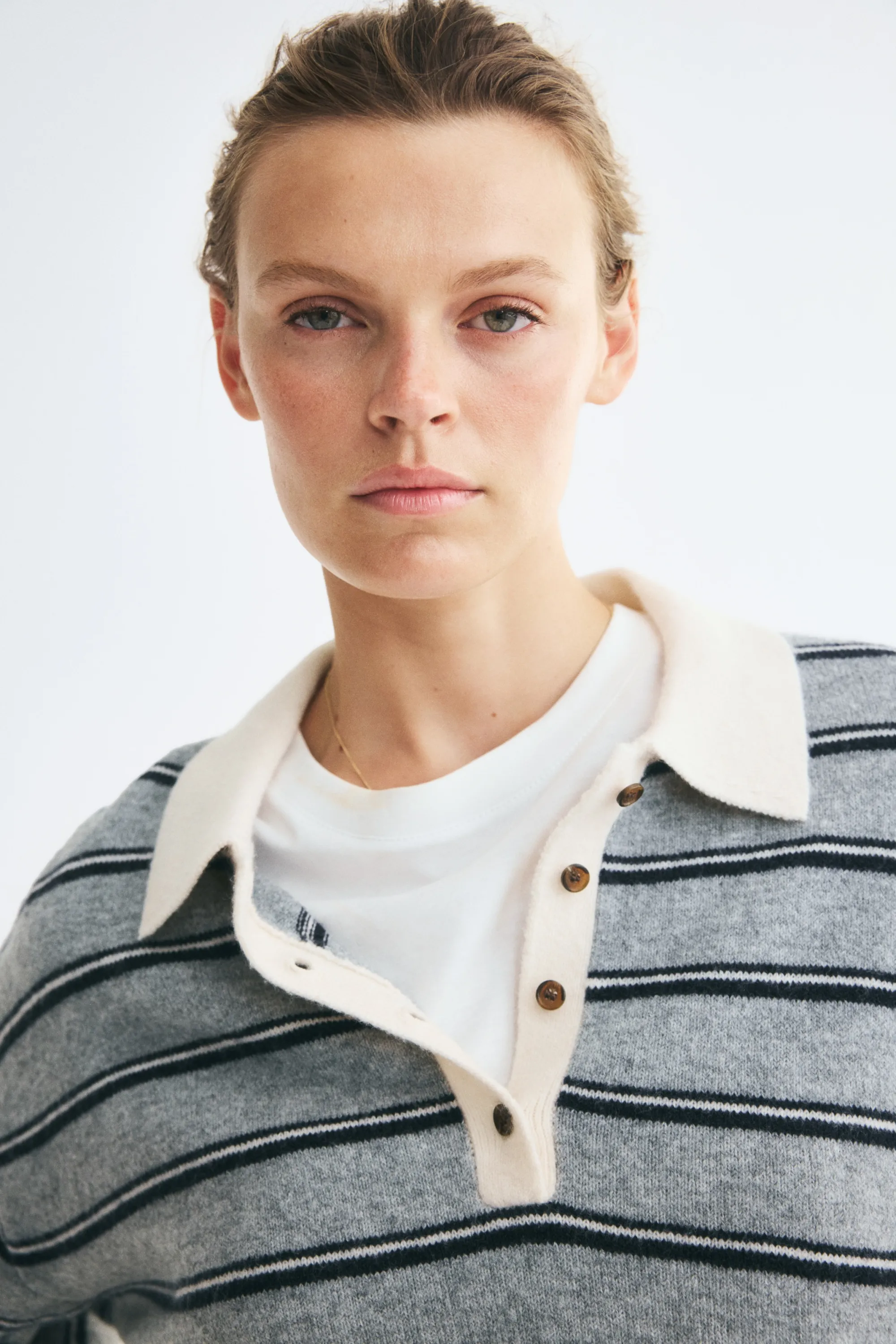 Polo oversize en maille fine - Gris chiné/rayé