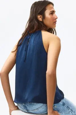 Top froissé en satin - Bleu marine — photo 3