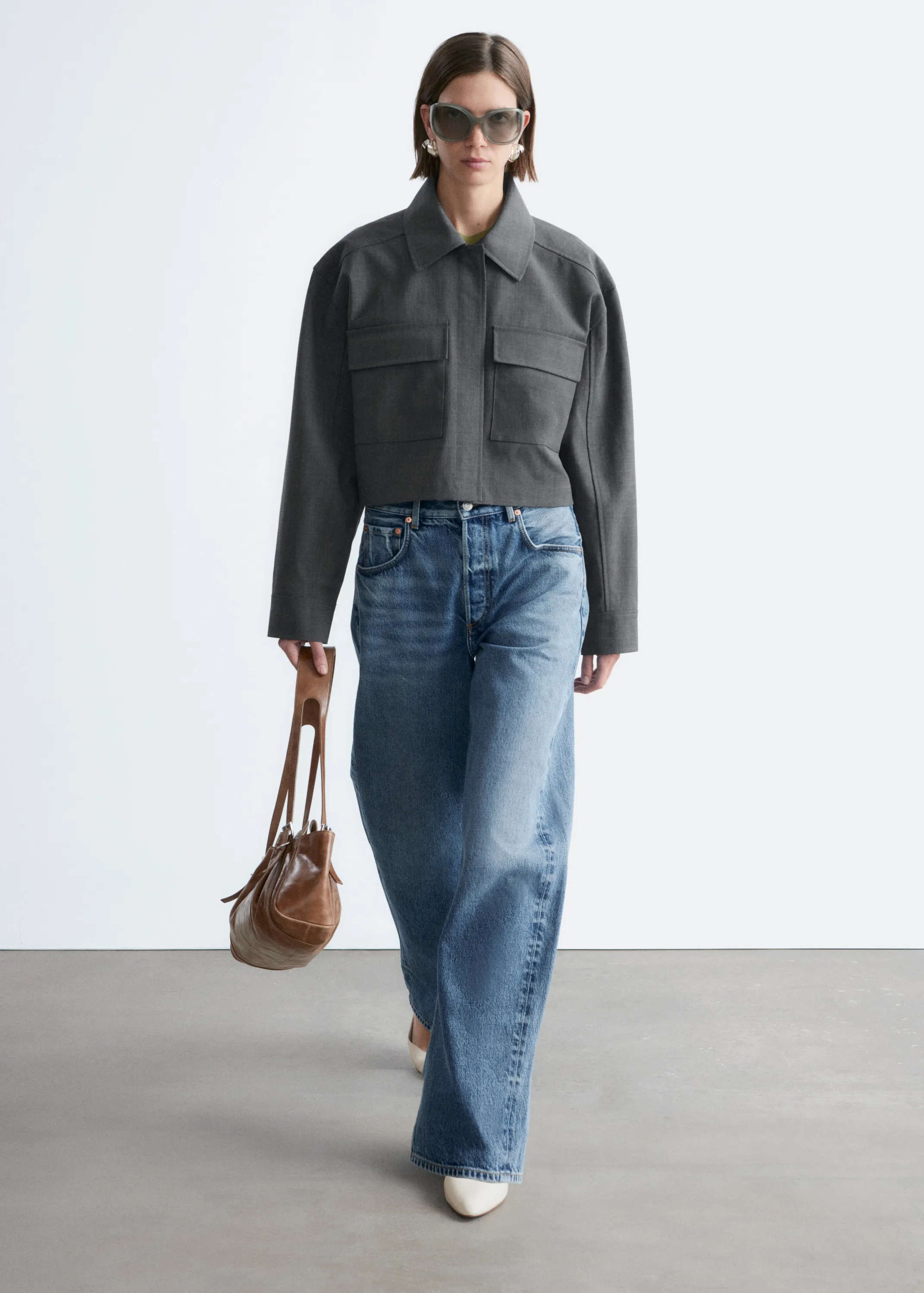 Veste courte en laine et coton - Gris foncé