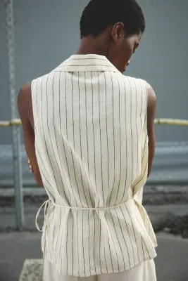 Top croisé en lin mélangé - Beige clair/rayé — photo 1