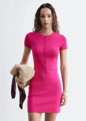 Robe en maille à patte de boutonnage - Rose vif — photo 3