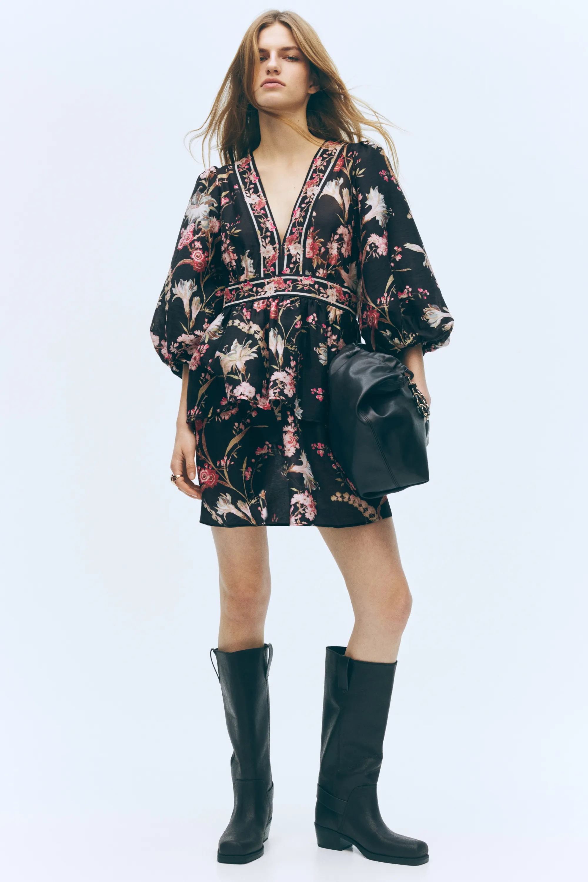 Robe en lin mélangé - Noir/fleuri