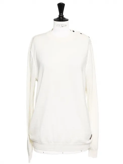 Pull col rond en maille fine de laine blanc ivoire NEUF Taille L