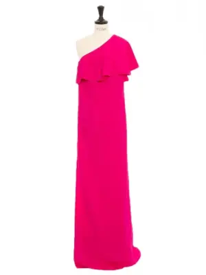 Robe de cocktail longue asymétrique avec volant sur l'épaule rose fushia Prix boutique 3200€ Taille 38 — photo 1