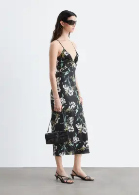Robe combinaison midi en satin - Noir/Motif fleuri — photo 3