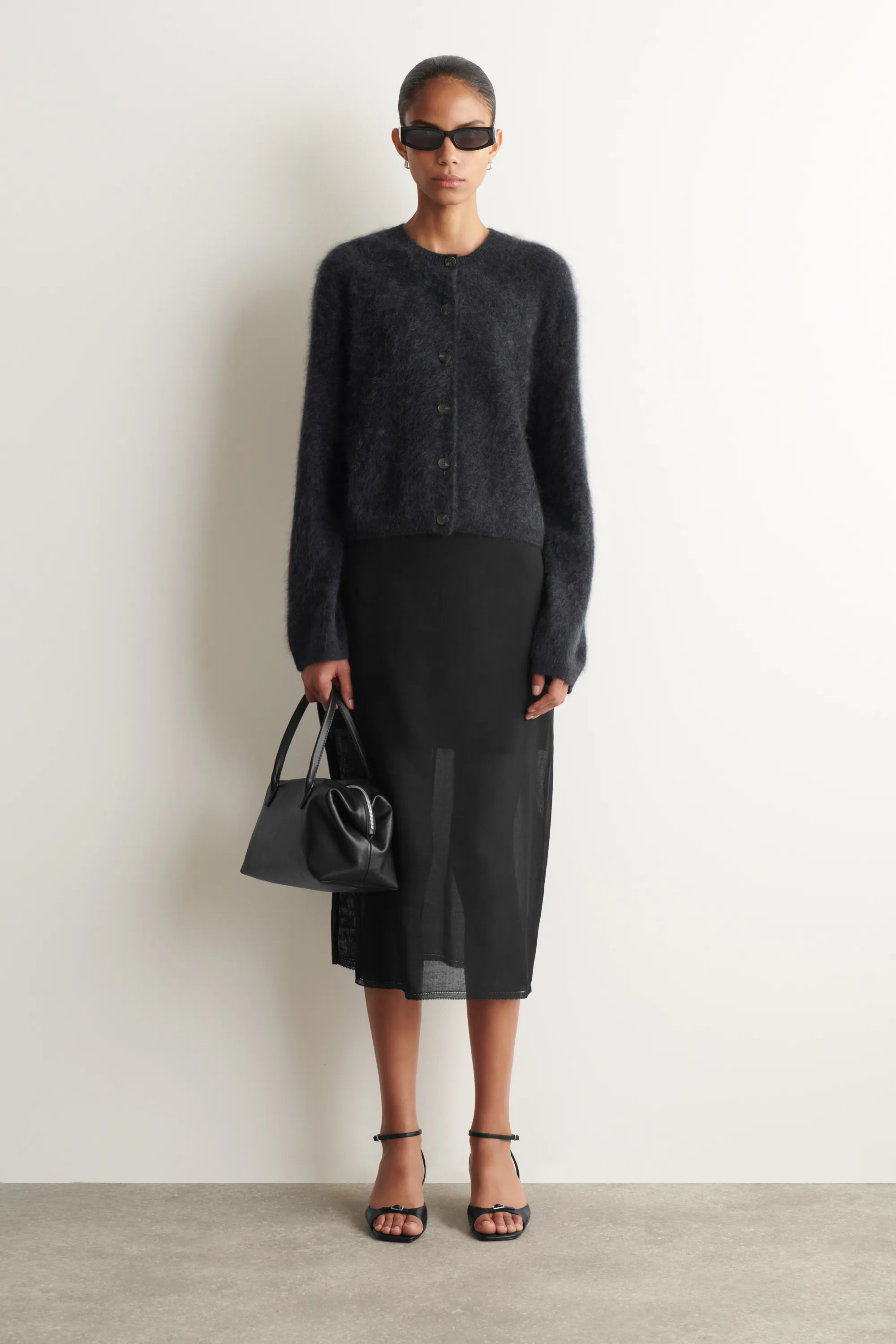 CARDIGAN À COL ROND EN PUR CACHEMIRE BROSSÉ - GRIS FONCÉ