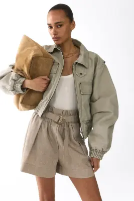 Short paper bag avec ceinture - Taupe clair — photo 2