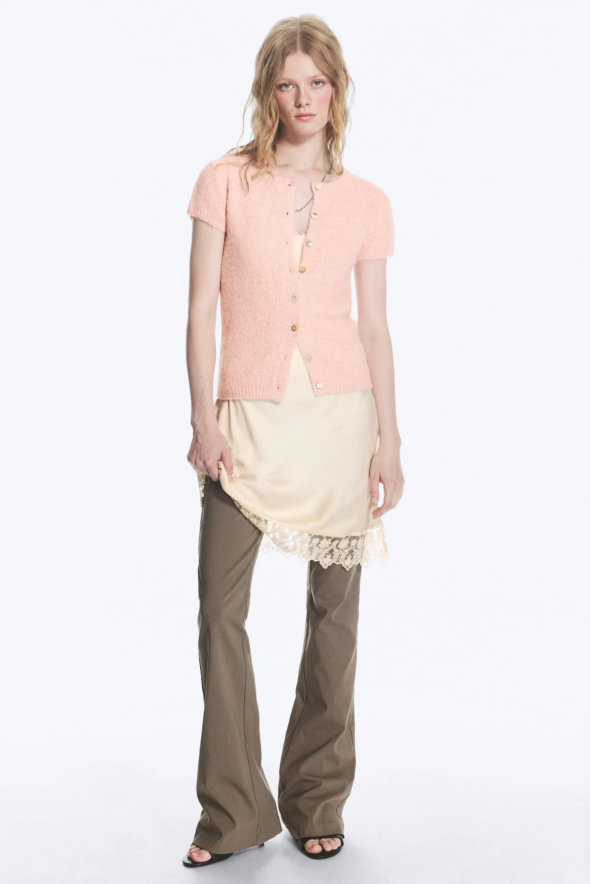 Cardigan en maille à manches courtes - Pêche Claire Poudrée