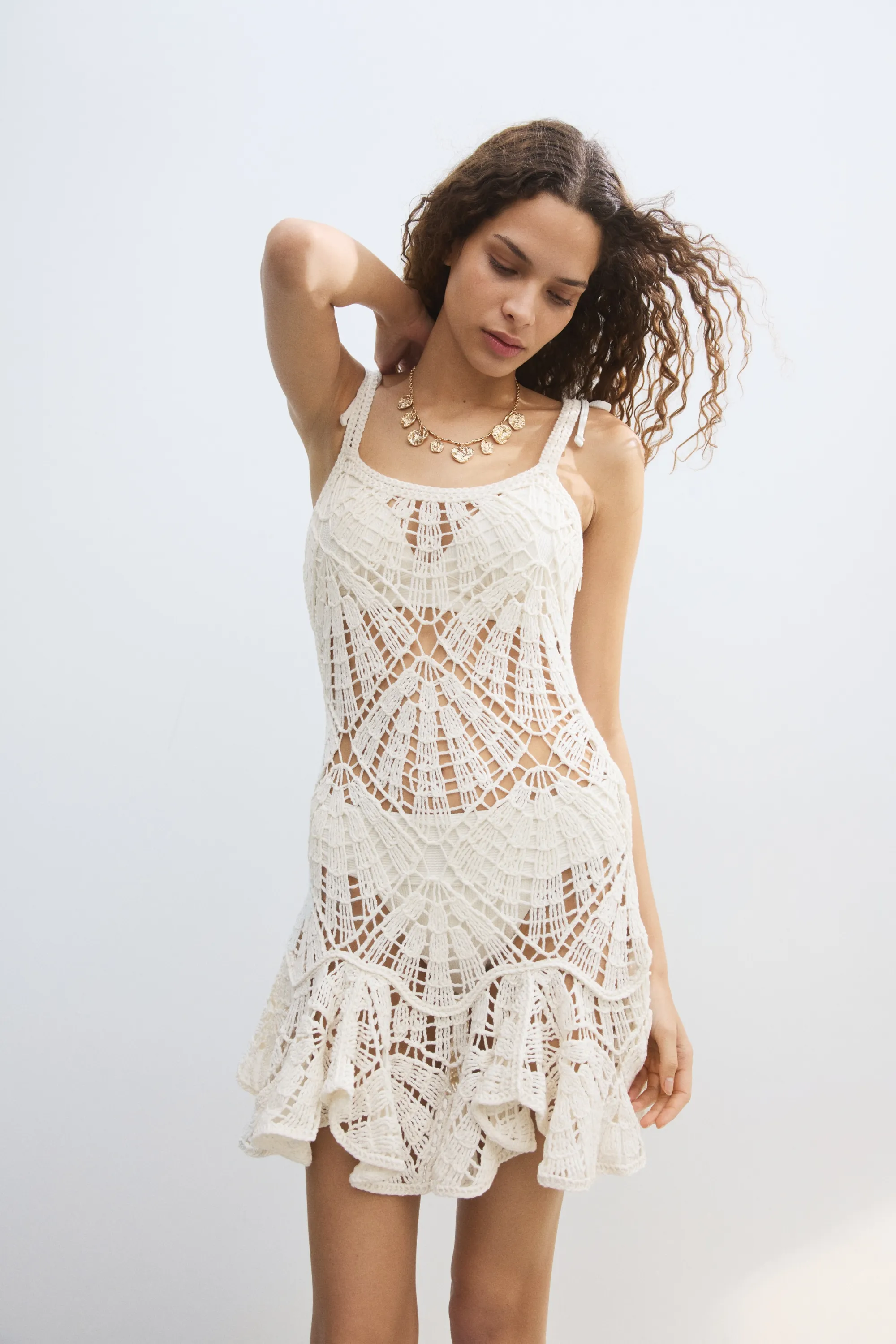 Robe volantée façon crochet - Crème