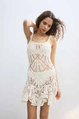 Robe volantée façon crochet - Crème — photo 1