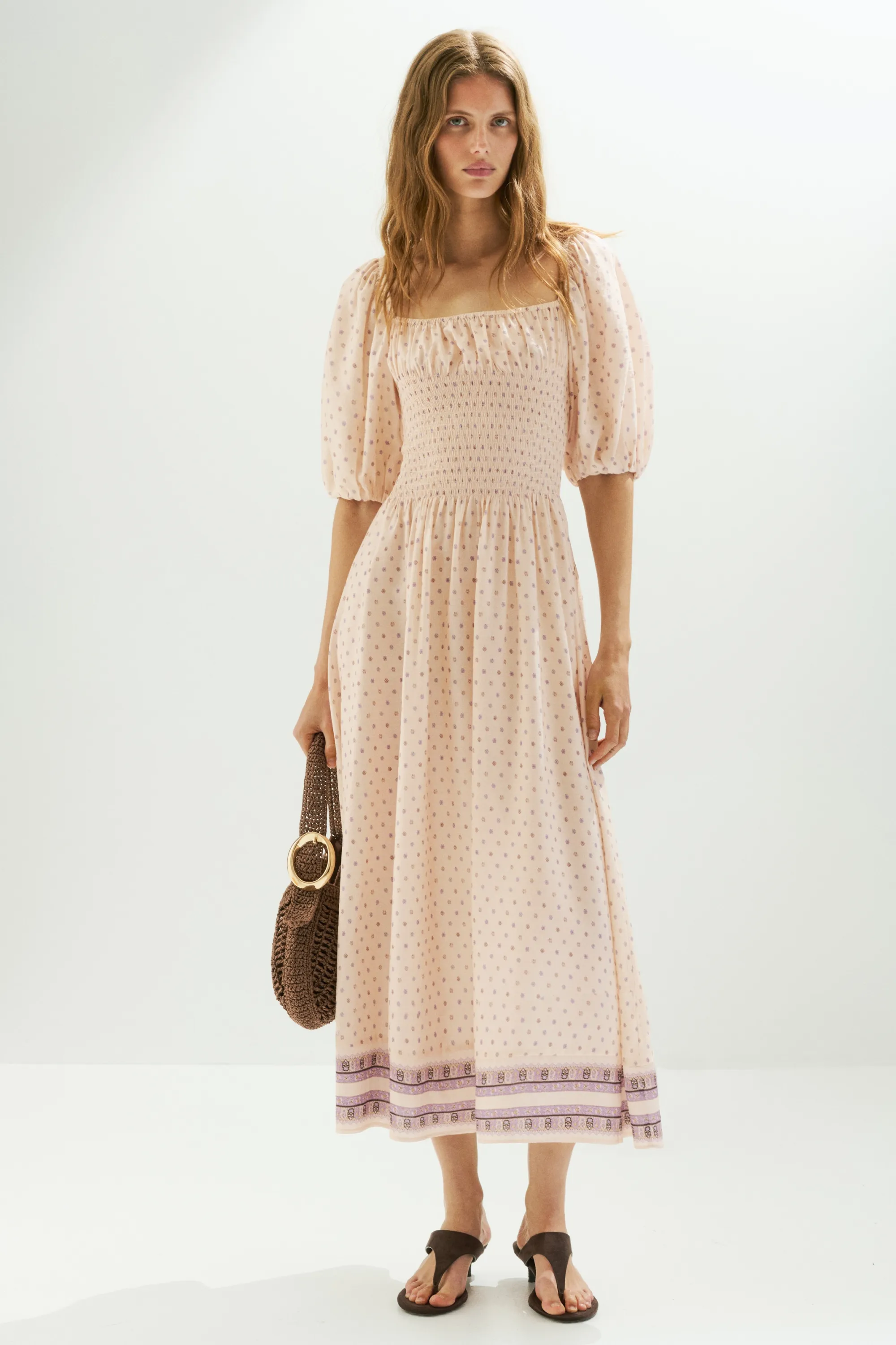 Robe à taille smockée - Beige clair/fleuri