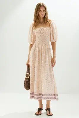 Robe à taille smockée - Beige clair/fleuri — photo 1