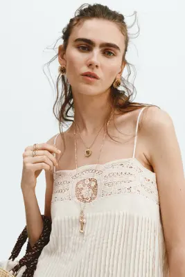 Robe avec panneau en dentelle et plis nervure - Crème — photo 1