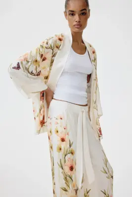 Pantalon en viscose avec cordon de serrage - Crème/fleuri — photo 2