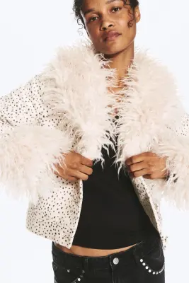 Veste courte bordée de fausse fourrure - Dusty White - Black Dots — photo 3