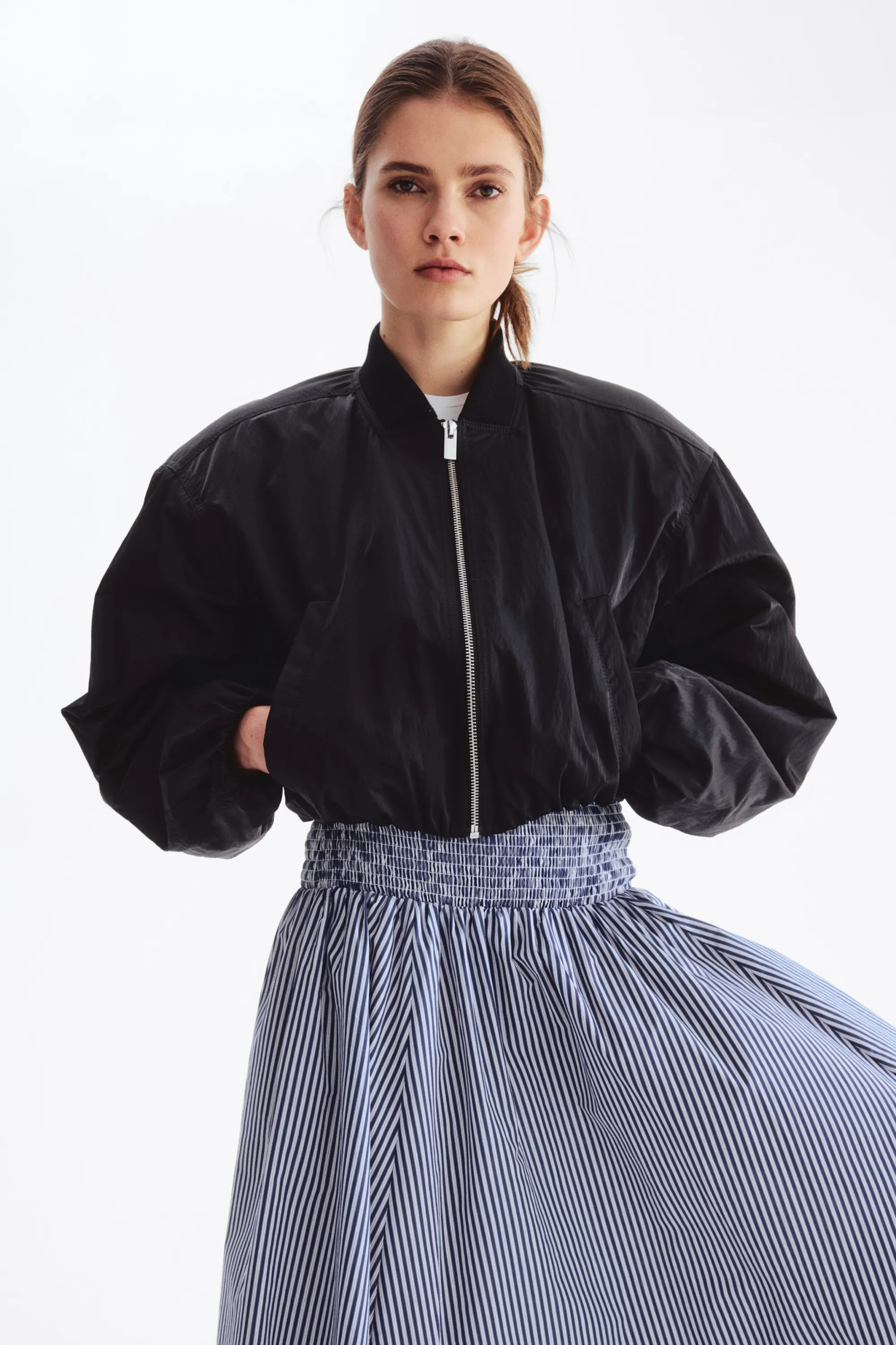Jupe à taille smockée - Bleu marine/rayé
