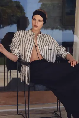 CHEMISE RAYÉE EN COTON À PASSEPOILS - BLANC / BRUN / RAYÉ — photo 5