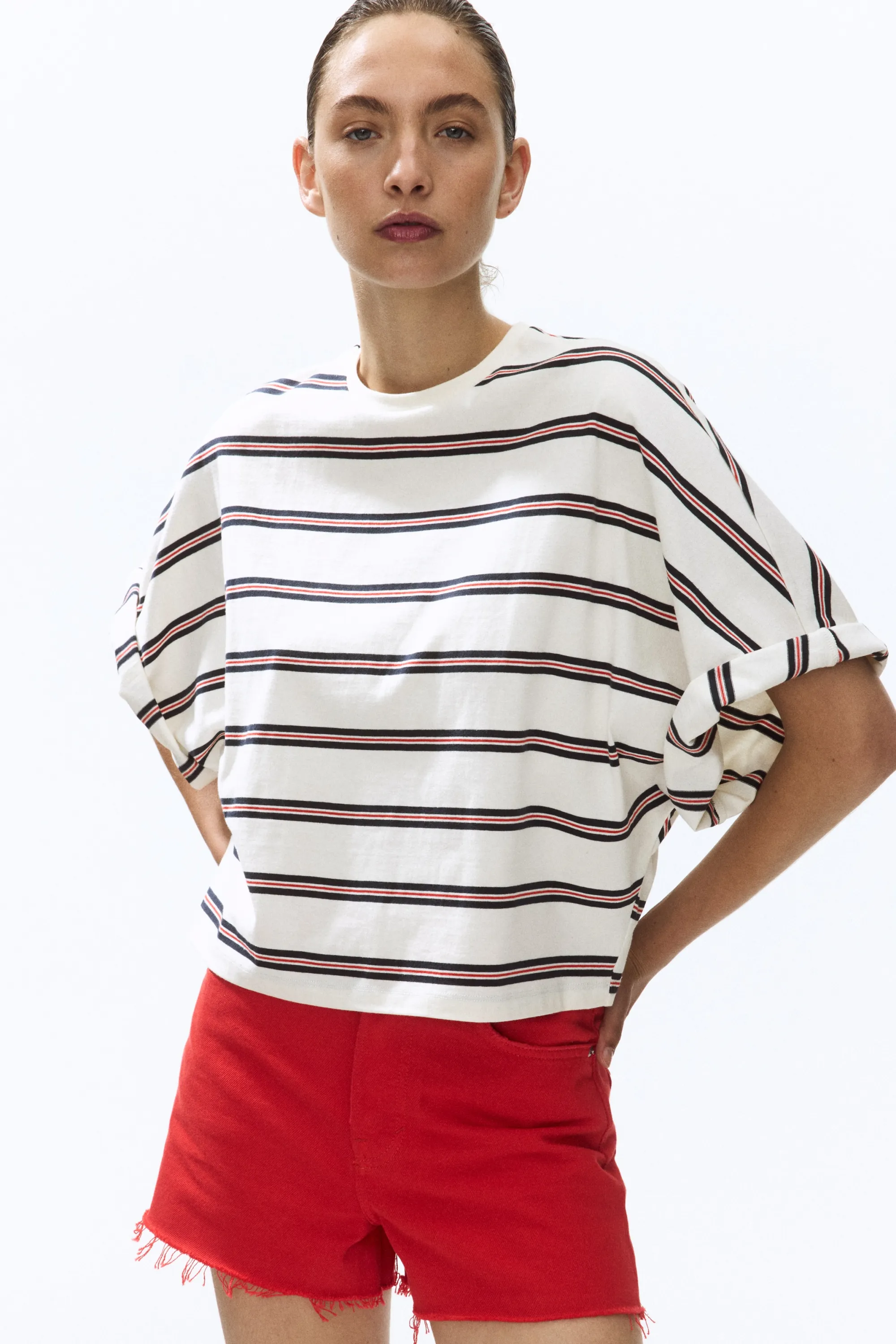 Top oversize en coton - Blanc/rayé