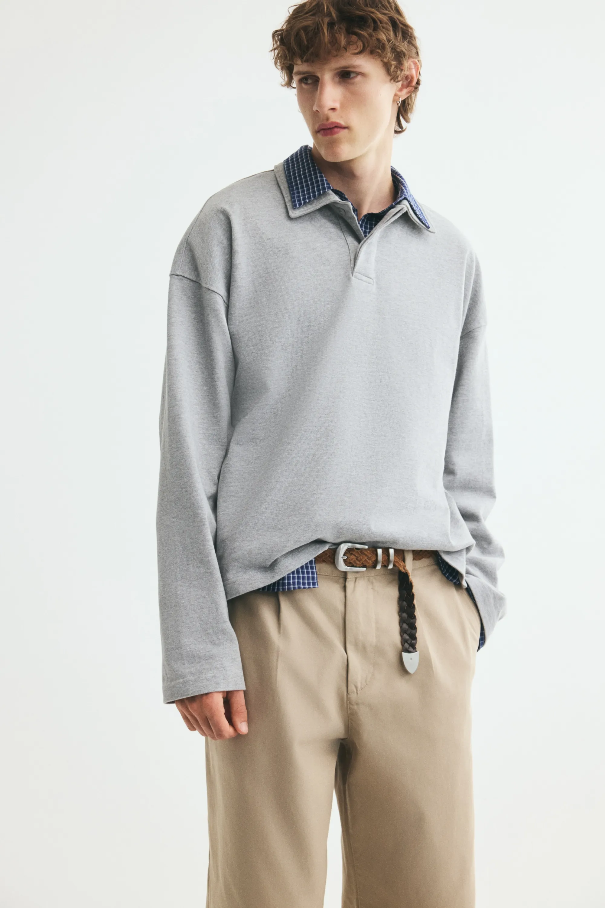 Polo à manches longues Oversized Fit - Gris clair chiné